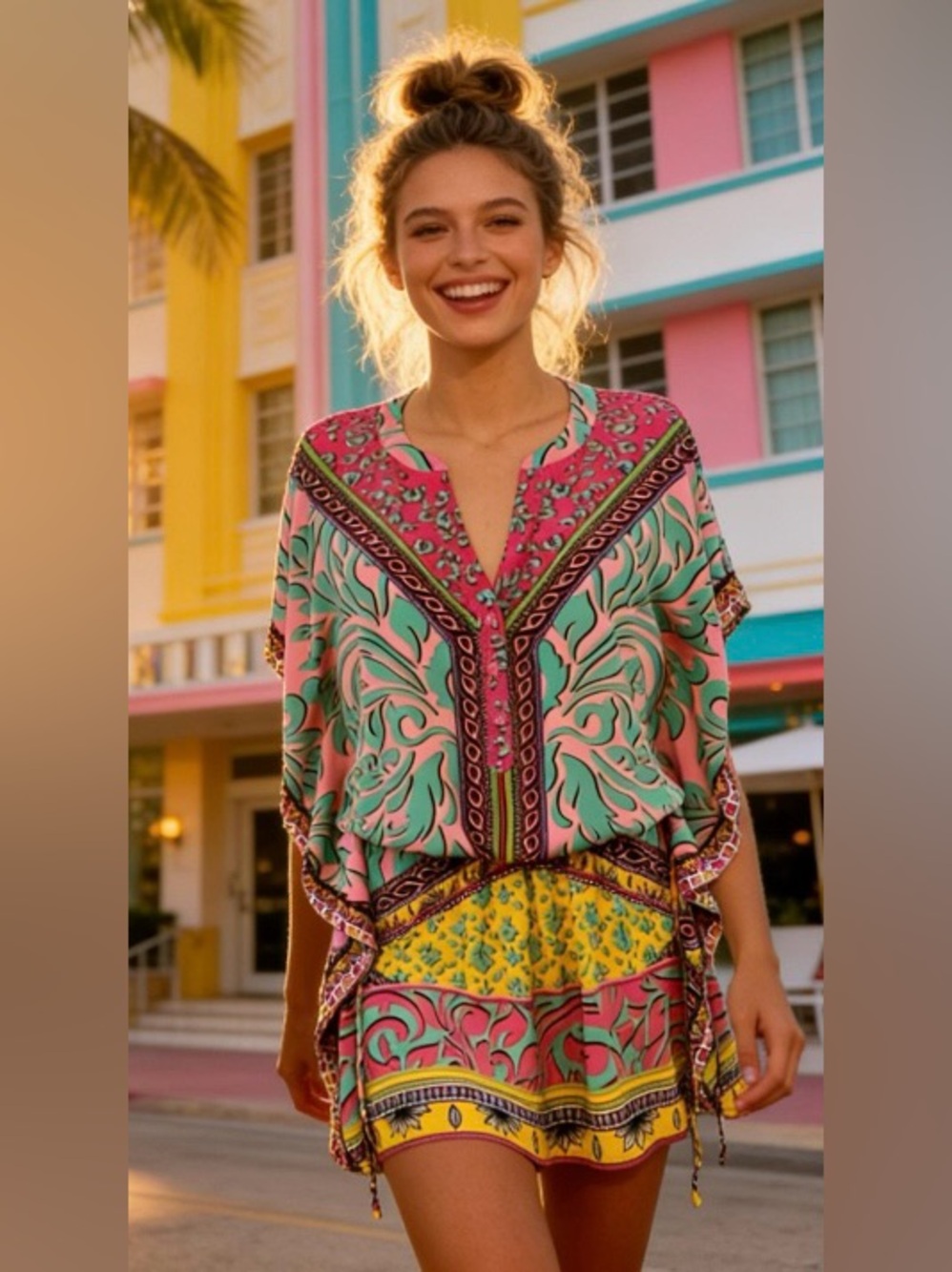 ✨ ~ Hale Bob Silk Blend Vibrant Mixed Print Kaftan Tunic Mini Dress